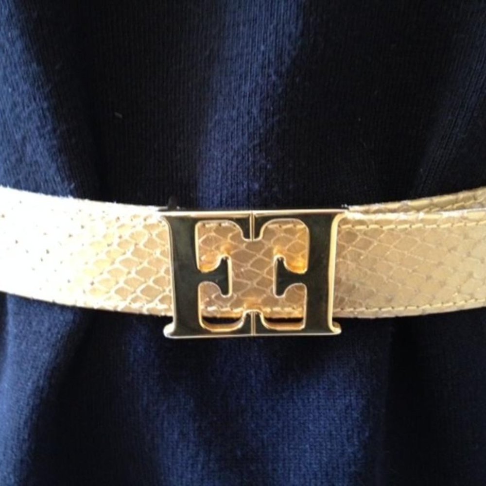 ESCADA Gold Reptile Embossed Leather Belt With Double "E" Gold-tone Logo Buckle - Picture 3 of 7